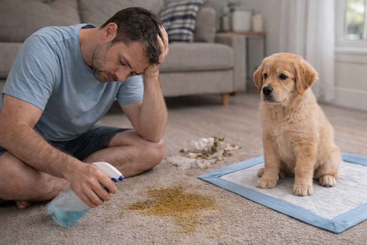Dono cansado limpando tapete sujo causado por cachorro em casa