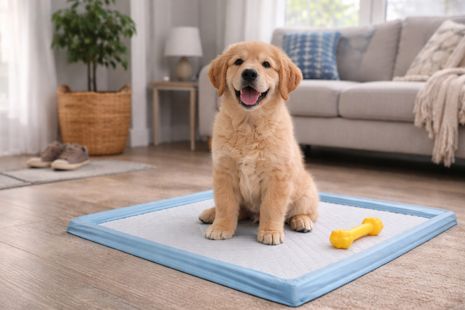 Casa limpa com cachorro ao lado do tapete higiênico